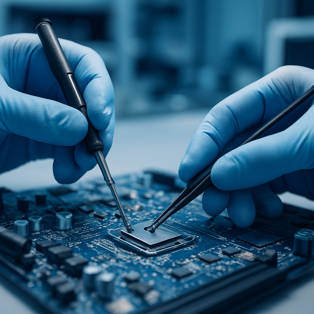 Profissional da RAS Informática reparando uma placa de computador